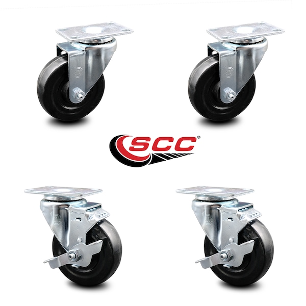 4 Inch Hard Rubber Wheel Swivel Top Plate Caster Set With 2 Brakes SCC